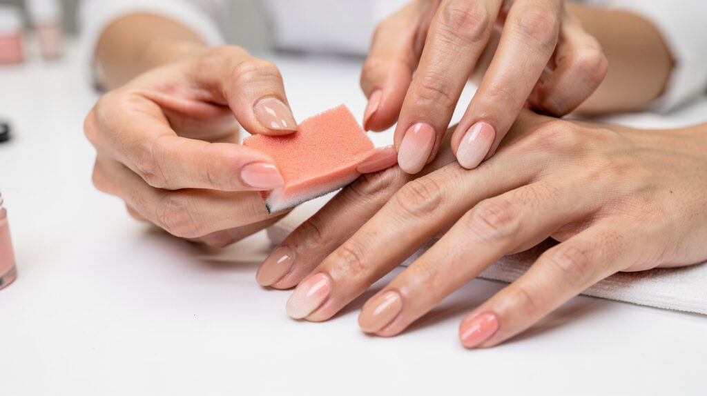 Stylistka paznokci nakłada efekt ombre na paznokcie klientki przy stanowisku w salonie, trzymając kawałek gąbki makeup sponge nad płytką z gradientem koralowo-nude