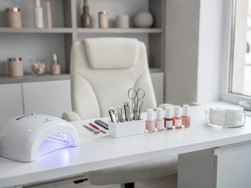 Puste stanowisko do stylizacji paznokci w nowoczesnym salonie: biały blat z ułożonymi narzędziami, lampą UV LED i płatkami kosmetycznymi, naturalne światło z okna