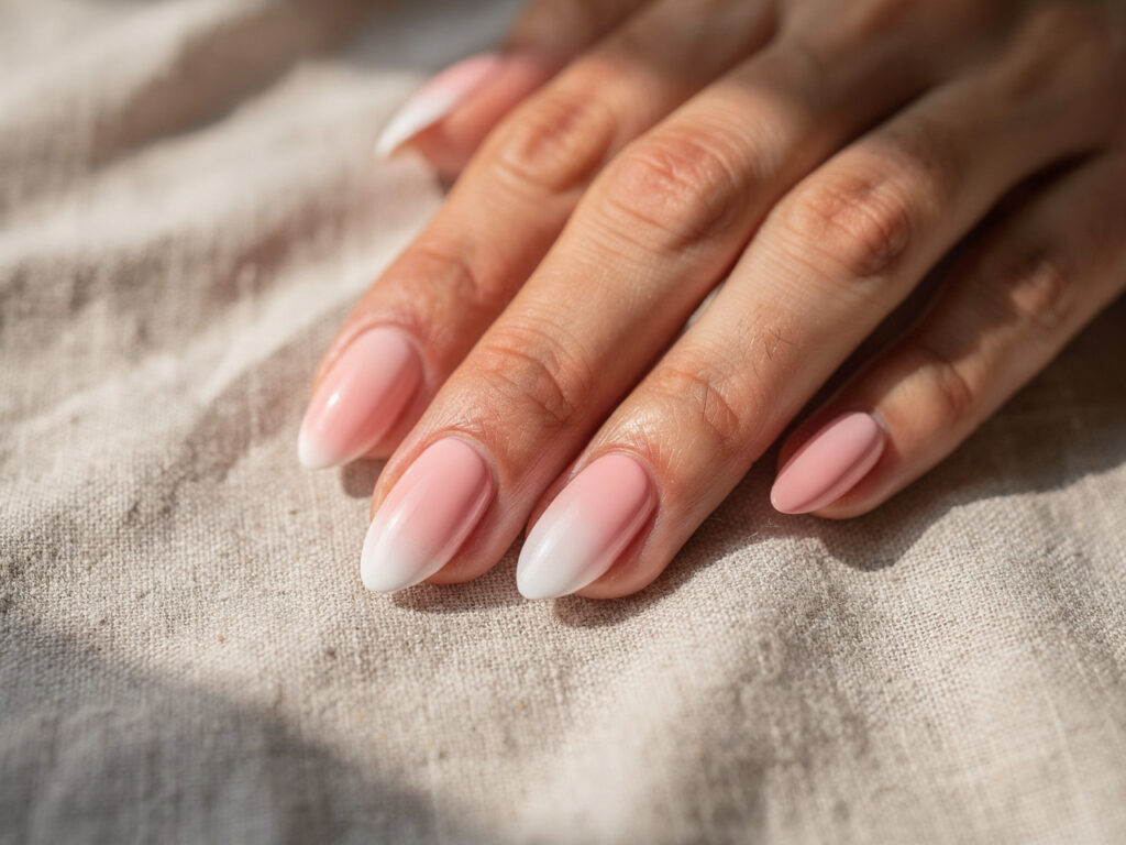Dłoń kobiety z gotowym manicure baby boomer - płynne przejście ombre od różowego przy nasadzie do bieli na końcówkach migdałowych paznokci, spoczywająca na jasnej lnianej tkaninie