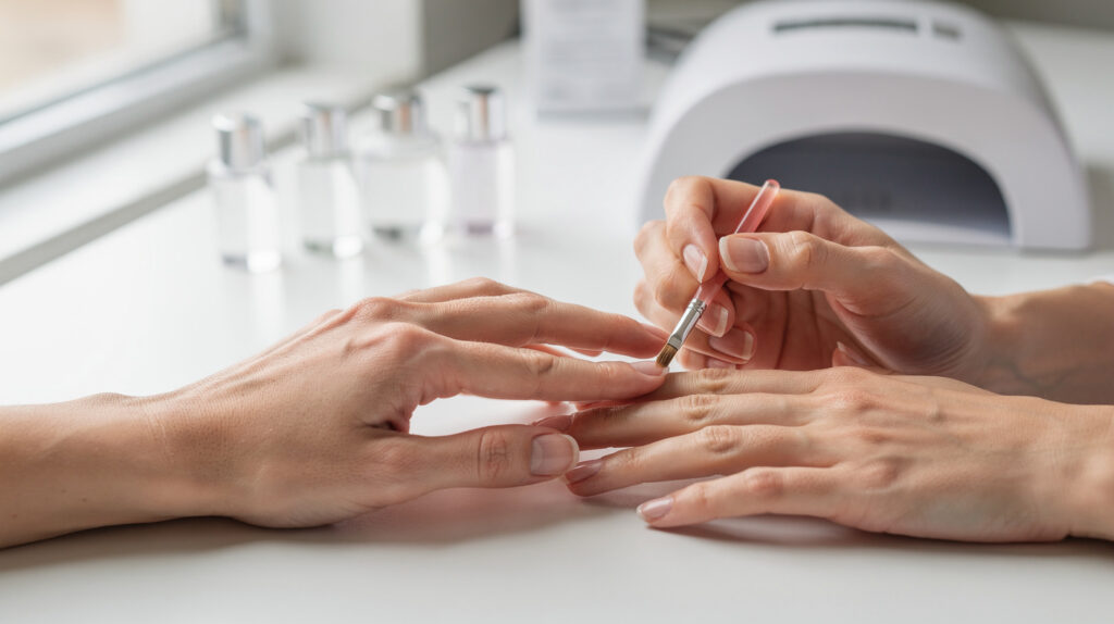 Stylistka paznokci nakłada preparat pędzelkiem na naturalną płytkę klientki przy stanowisku pracy z lampą UV i buteleczkami w tle